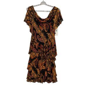 Y2K Boho Paisley Ruffle Tiered Midi Dress Cowl Neck Beaded Whimsigoth Size 10